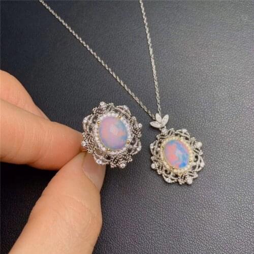 Natural Big Opal Gemstone Ellipse Ring and Necklace Two-piece Suite for Women Real 925 Sterling Silver Fine Jewelry Set