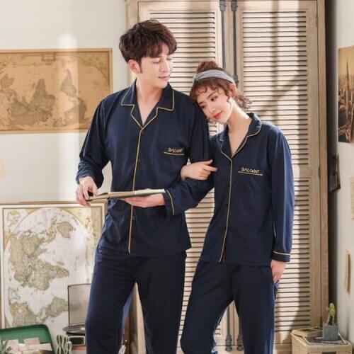 2019 New Style Spring and Autumn Couples Pajamas Korean-style Long-sleeved Cardigan Fold-down Collar Casual Solid Color Men and