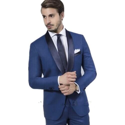 New Arrival The Groom Wedding Suits Shawl Collar One Button Men Formal Suits Navy Blue Mens suits (Jacket+Pants+Tie)
