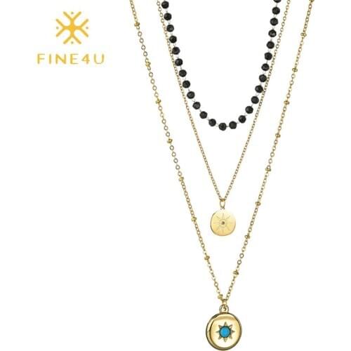 FINE4U N709 Boho Round Disc Necklace Coin Neck Chain Choker Pendant Necklaces Fashion Jewelry for Women and Girls