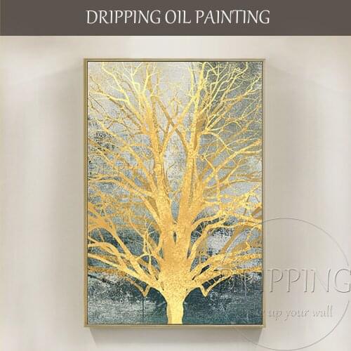 Hand-painted High Quality Abstract Golden Tree Acrylic Painting on Canvas Rich Golden Tree Acrylic Painting for Living Room Art