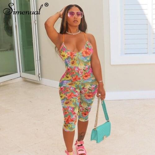 Simenual Floral Mesh Strap Holiday Biker Shorts Rompers Women Summer 2021 Bodycon V Neck See Through Playsuits Fashion Printed