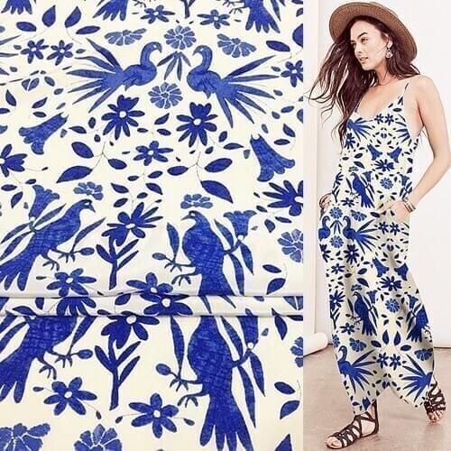 Blue floral and bird print pure silk Crepe DE chine fabric 138cm width,SCDC700