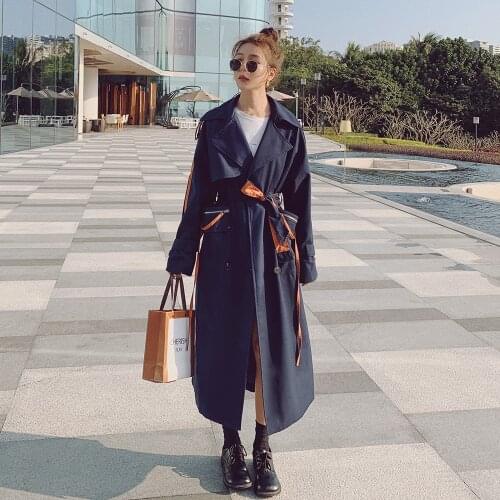 Womens Windbreaker Spring 2021 New Navy Blue Splicing Korean Loose Long-sleeved Double-breasted High-quality Lining Jacket TY3