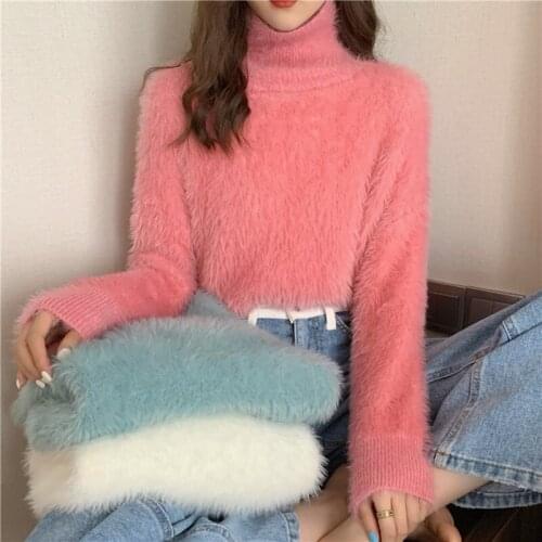 Imitation Mink Sweater Women Velvet Knitted Sweater Autumn Winter Turtleneck Sweet Mohair Pullovers Female Jumper Knitwear Tops