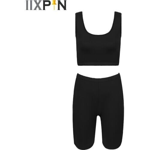 Women Ballet Dance Cosutme Sweat Suit Sleeveless Bodycon Tank Top Shorts Solid Color Two-piece Sports Set Running Yoga Costume