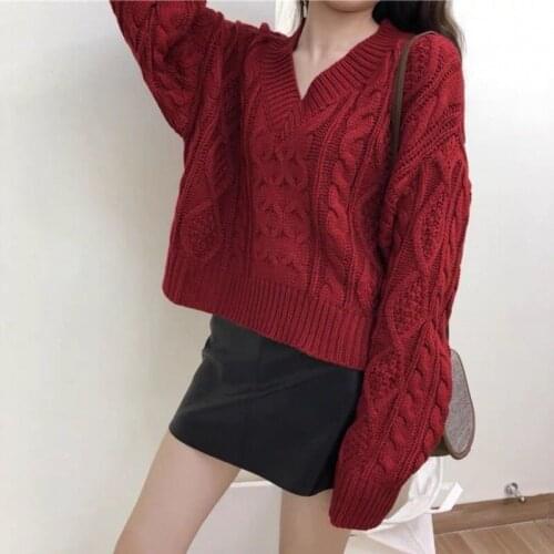 Lazy style red thread twist sweater women loose outer wear 2021 new short hedging thick wool sweater