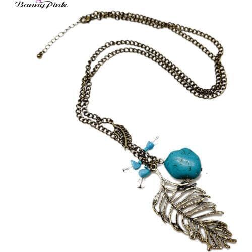 Banny Pink Vintage Stone Bead Feather Tassel Charms Necklace For Women Ethnic leaf Statement Pendant Necklace Long Sweater Chain