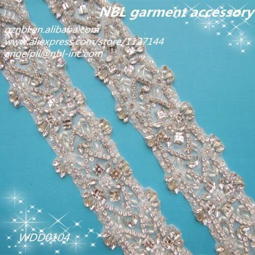10 YARDS) Wholesale hand beaded bridal rhinestone pearl trim iron on for wedding evening dress sash DIY iron on WDD0104