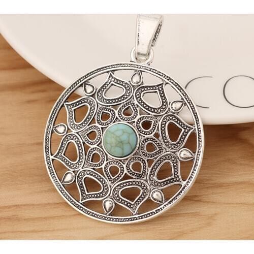 2 Pieces Tibetan Silver Hollow Filigree Flower with Green Resin Stone Charms Pendants for Necklace Jewellery Making 65x48mm