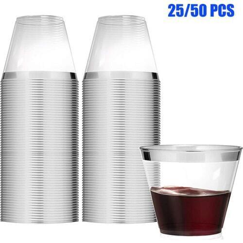 25/50 pcs Clear Plastic Cups Disposable Cups Wine Glass Hard Plastic Juice Cup Reusable for Wedding Party Cocktail Cup Supplies