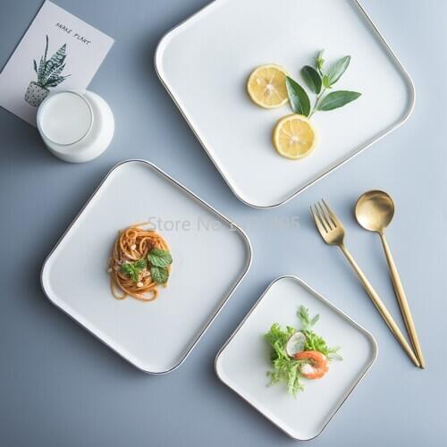 European Style Gold Western Dinner Plate Ceramic Square Plate Dinner Plate Household Steak Plate Cutlery Dish Pasta Plate