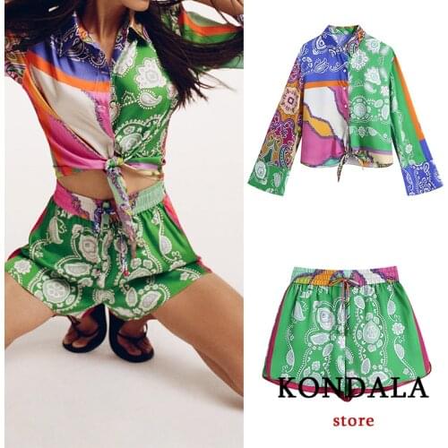 KONDALA Za 2021 Boho Women Sets 2 Pieces Vintage Geometric Loose Short Shirts Women and High Waist Wide Leg Elastic Shorts Suits