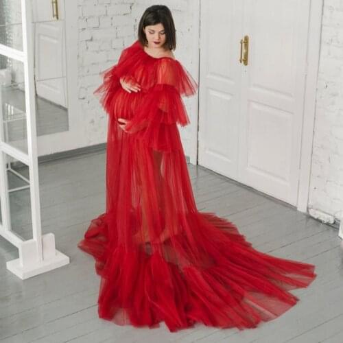 Red Off the Shoulder Maternity Dresses Tulle Maxi Skirt Photography Props Dress Pregnancy Gowns For Photo Shoot Clothes