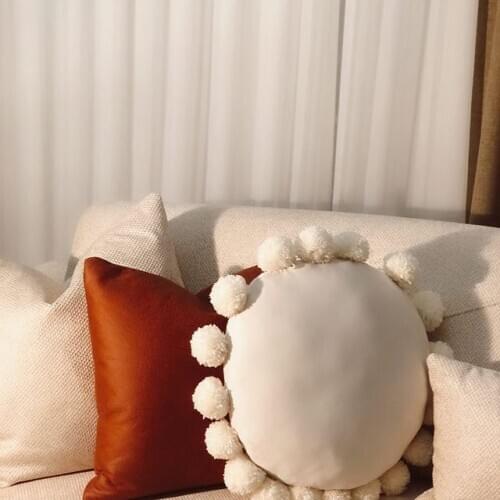 Pom-pom Linen Fabric Round Pillow, Decorative Pillow, Fun Pillowcase, Anniversary Gift, Unique Pillows, monochrome & Boheme Décor