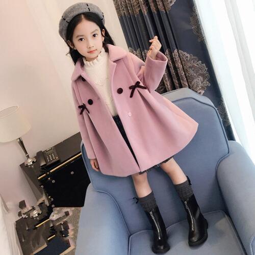 Woolen Coat For Girls Autumn Girls Jacket Bow Childrens Clothes Christmas Pink Kids Outerwear Winter Girl Clothes 6 8 12 Year