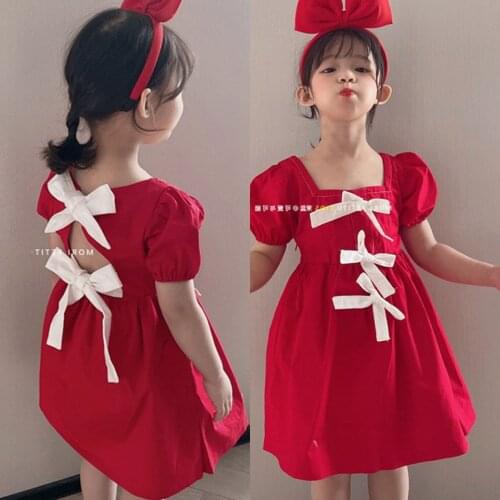 Fashion Girl Red Dress Bowknot Solid Princess Dress Short Sleeve Summer Dress for Baby Girl Sweet Clothes Children 2-7year