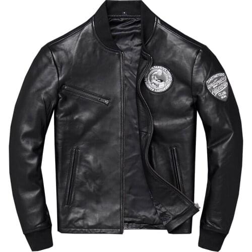 Mens Genuine Natural Sheepskin Black Embroidered Leather Jacket Simple Slim-fitting Motorcycle Sheepskin Jacket Coat XL 2XL
