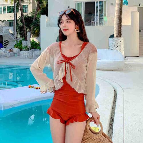 2021 New Small Fres Swimsuit Jumpsuit Long-Sleeved Lace-Up Boxer Side Slim Two-Piece Student Conservative Belly-Covering Suit