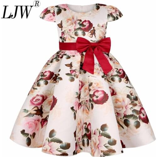 2021 new girl retro print dress European and American princess dress holiday party show childrens bow dress