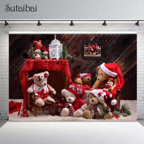 Christmas Backdrop Photography Winter Toy Bear Snowman Plank White Blanket Kids Background Photo Studio Photocall Decor Props