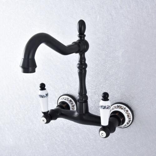 Kitchen Wet Bar Bathroom Vessel Sink Faucet Black Oil Rubbed Brass Wall Mounted Swivel Spout Mixer Tap Dual Ceramic Lever msf764