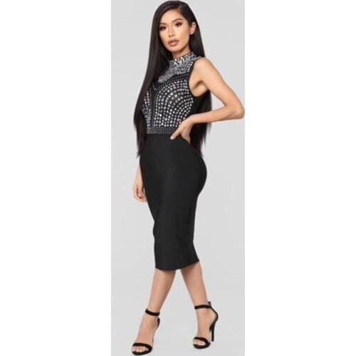Sexy Bodycon Sheath Women Party Dress Luxury Hand-beaded Crystal Rivet Deco Knee-length Pencil Dress Fashion Women Dress