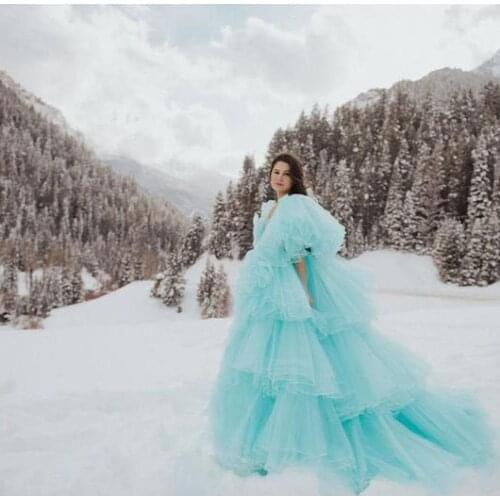 Light Blue Elegant Exquisite Strapless Evening Dress Tulle Ruffles Layered Dresses Photography Ball Gown Custom Made