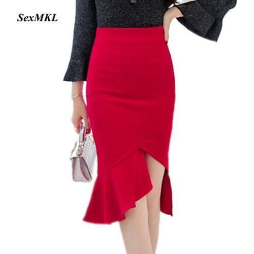 SEXMKL Plus Size Womens Red Skirts Winter 2020 Korean Elegant Sexy Bodycon Ruffle Skirt Office High Waist Pencil Black Skirt