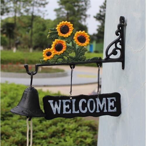 Yellow Green Sunflower Cast Iron Hand Cranking Bell With Hanging Welcome Signs Plaque Home Garden Hand Paint Double-sided Bell