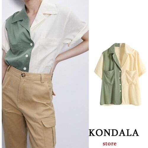 Za 2021 Oversized Cotton Women Shirts Two-color stitching Soft Summer Mujer Tops Chic Lady T-Shirts Elegant KONDALA Blouse