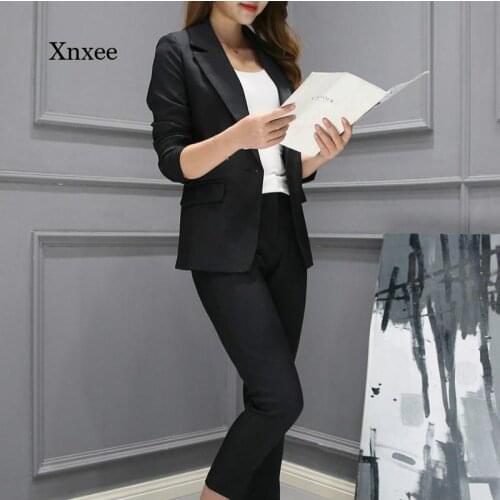 2021 Autumn New Blue Black Suit Jacket 2-Piece Female Elegant Pants Suit Female Professional Suit Suit Jacket Trousers Casual