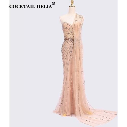 Champagne Dubai One Shouder Sexy Prom Dresses Luxury Beading Crystal Sparkle Evening Gowns Dress For Woman 2021 Mermaid
