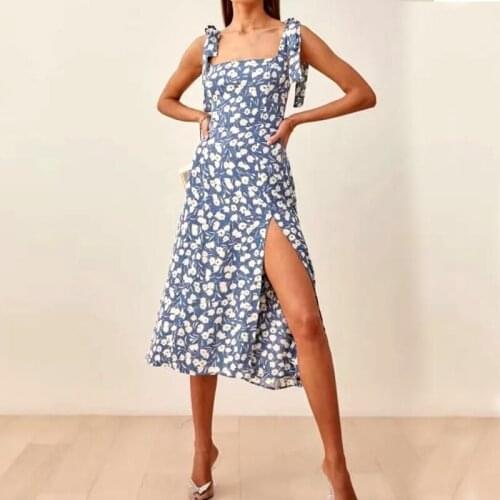 GypsyLady Floral Print Midi Dress Split Vintage Strappy Cute Women Dress Long Holiday Beach Style Blue Female Summer Dress 2021