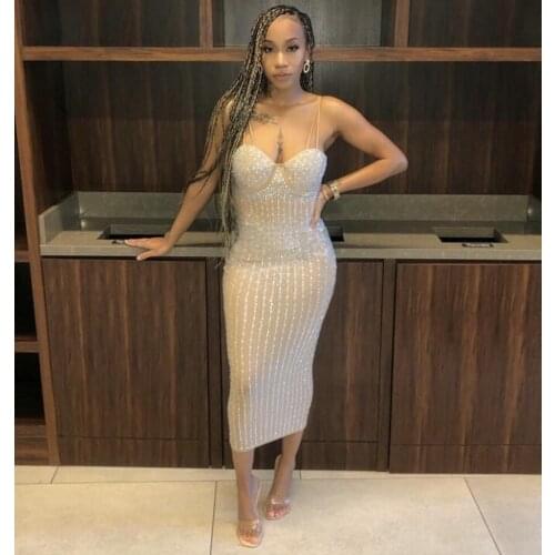 Khaki Black Color Ladies Sleeveless Sexy Bodycon Mid-calf Dress Shining Sequines Club Night Dress Hot Celebrity Dress