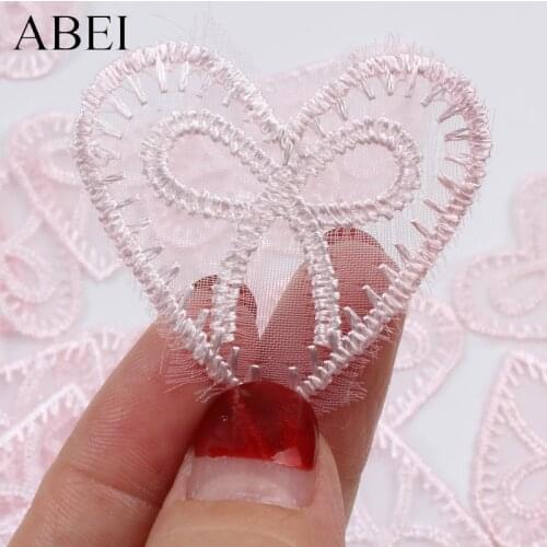 15pcs 35mm Embroidered Organza Pink Heart love Appliques Sewing Garments Accessories