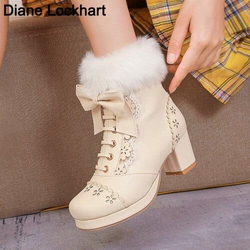 Winter New Lolita Shoes Women Platform High Heel Ankle Boots Girls Cute Lace Bow Bottes Princess Tea Party Shoe Students Booties
