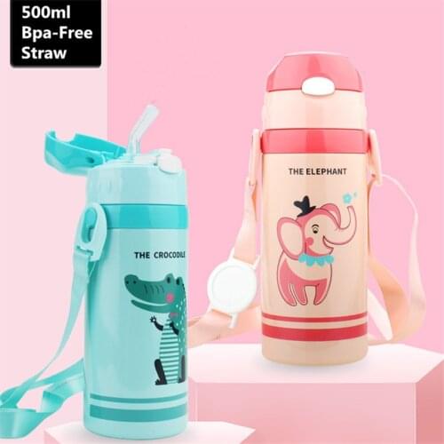 New Bpa Free 500ml 18/8 Stainless steel Childrens Vacuum Flask Insulated Double Wall Kettle Portable Rope Straw Water Bottle