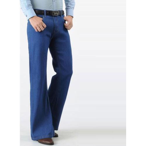 Color: Blue Black Jeans Men Fashion Retro Big Flare Pants 2020 Mens New Loose Denim Flare Pants Mens Wide Feet Slim Thin Pants