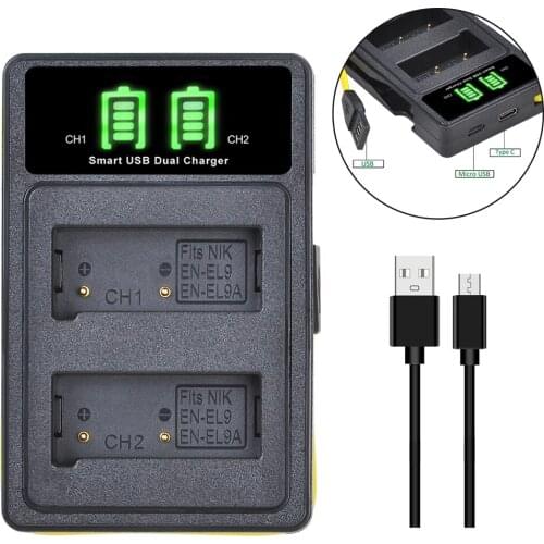EN-EL9 EN-EL9a Battery Charger with Build-in USB and Type-c for Nikon EN EL9 EL9A Battery, D3000 D5000 D40x D40 D60 Camera