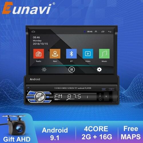 Eunavi 1 Din Android 9.1 Universal Car Radio DVD GPS Navigation WIFI Multimedia Player Auto Radio 7" Retractable Screen Universa