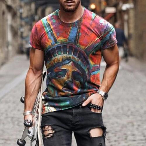 Summer Men T-shirt O-Neck Short Sleeve Casual Male Tshirt Vintage Statue Liberty Usa Flag Print Pullover Oversized Loose Tops