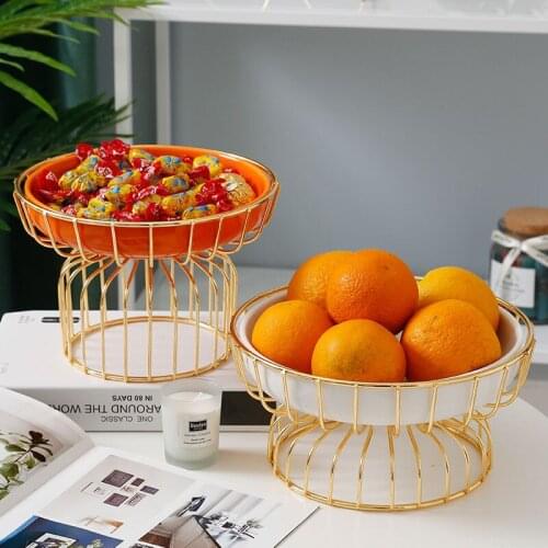 Ceramic iron frame fruit tray Nordic light luxury golden iron ceramic snack tray cosmetic storage tray