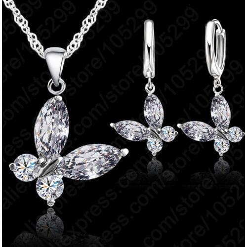 Romantic Butterfly Shape Fashion 925 Sterling Silver Pendant Necklace Hoop Earrings Set For Women Bridal Wedding Jewelry