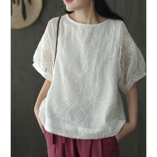 Lamtrip Romantic Embroidery Short Sleeve Tee T-Shirt Women 2021 Summer