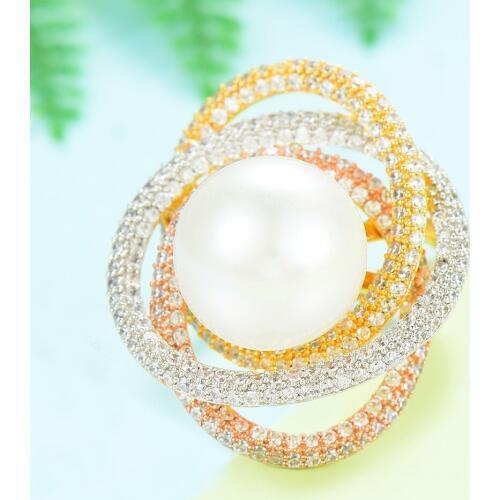 LARRAURI Luxury Trendy Twist Pearl Statement Rings for Women Charm Bohemian Beach Jewelry Cubic Zircon Finger Rings 2020