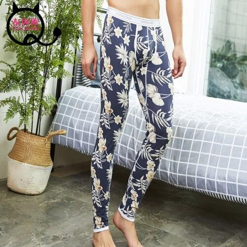 Mens Ethnic Printing Autumn and Winter Warm Pants Thin Basics Bottom Leggings U-pouch Bag Push Up Long Johns