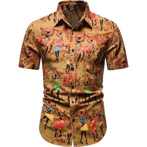 Mens Floral Hawaiian Shirts Short Sleeve Button Down Beach Shirt Men Vintage African Ethnic Print Shirt Male Camisa Masculina