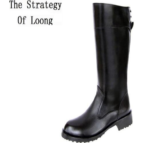 Men Winter Genuine Leather Flat Heel Long Boots Korean Style Round Toe Warm Full Grain Leather Comfortable Fashion Long Boots