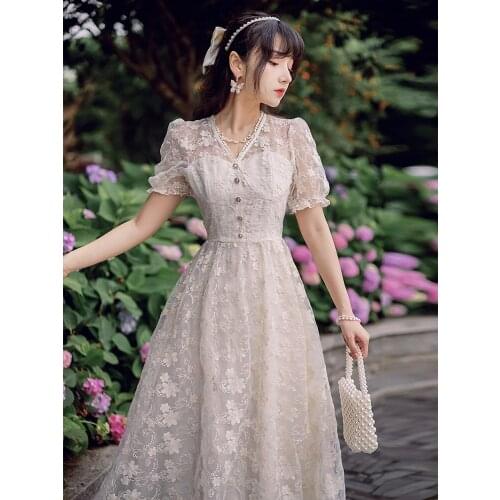 2021 Summer New Womens French Retro Girlish Style Slim Slim Long Dress Mesh Embroidery Wedding Party White Dress Dress